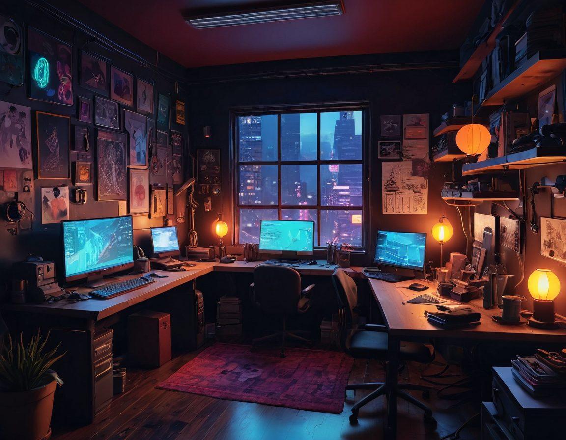 A stylized depiction of an artist's studio, filled with colorful sketches and framed artworks of adult animation, including hints of hentai and anime erotica. The scene features a vibrant palette with playful contrasts, lanterns illuminating the space, and unconventional sculptures that reflect the boundaries of art and adult themes. Include diverse characters engaged in creative processes, showcasing the intersection of animation and intimacy. The atmosphere is both inviting and provocative, encouraging exploration. vibrant colors. cyberpunk. 3D.