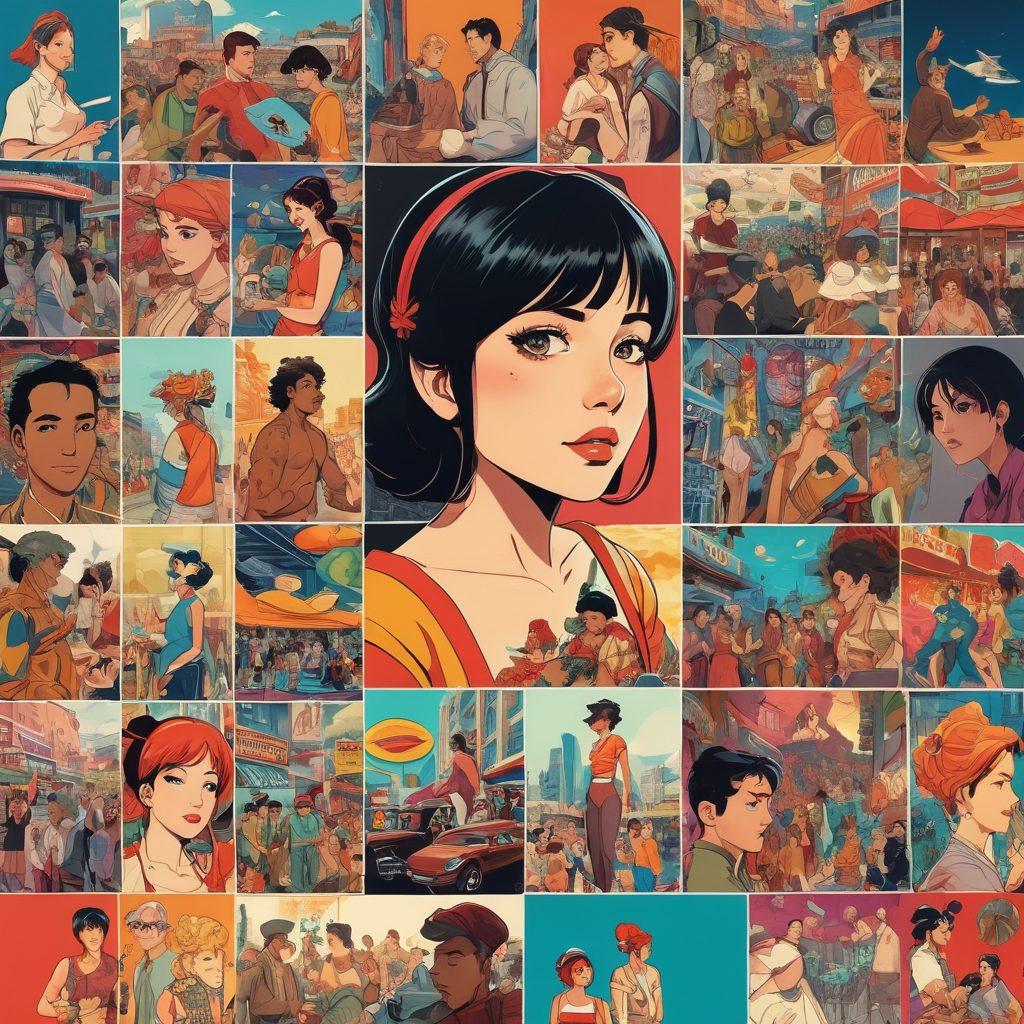 A visually striking collage showcasing the evolution of adult animation, featuring a blend of styles such as Hentai characters, graphic novel illustrations, and abstract representations of various themes. In the background, a diverse crowd of animated characters from different cultures, all interacting in a vibrant urban setting. The colors should be bold and eye-catching, embodying the eclectic nature of adult animation. Include elements like animated frames and comic book panels. vibrant colors. vivid details. 3D.